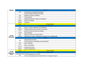 Sábado PALCO
18h ORQUESTRA FERNANDO BORGES
CIA DE DANÇA DARUÊ MALUNGO
19h MARCELO ASSIS E BANDA
20h TONY VERAS
21h ADRIANA ARAÚJO "NEGA DO BABADO"
22h20 POUCA CHINFRA
23h40 D'BRECK
15/02
Domingo
Hora Programação
PROGRAMAÇÃO INFANTIL
16h BLOCO LÍRICO MEMÓRIA DA INFÂNCIA
16h30 CABOCLINHOS SETE FLEXAS DO RECIFE
17h BLOCO FLOR DA LIRA DE OLINDA
17h30 BOI MIMOSO
18h BLOCO LÍRICO EU QUERO MAIS
18h30 MARACATU RURAL CAMBINDA DOURADA DE CAMARAGIBE
PALCO
19h
ORQUESTRA XAVIER
CIA CULTURAL DA BOMBA DO HEMETÉRIO
20h BOI TEIMOSO
21h KELLY OLIVEIRA
22h20 CESAR MICHILES
23h40 GABY AMARANTOS
16/02
Segunda-
Feira
Hora Programação
DESFILE DE AGREMIAÇÕES
A PARTIR DAS
16h
TCM Abanadores do Arruda
Troca Carnavalesca Comunitária Mixta To Chegando Agora
 
