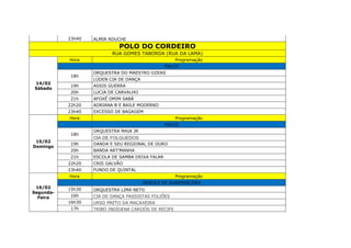 23h40 ALMIR ROUCHE
POLO DO CORDEIRO
RUA GOMES TABORDA (RUA DA LAMA)
14/02
Sábado
Hora Programação
PALCO
18h
ORQUESTRA DO MAESTRO OZEAS
LÚDEN CIA DE DANÇA
19h ASSIS GUERRA
20h LUCIA DE CARVALHO
21h AFOXÉ OMIM SABÁ
22h20 ADRIANA B E BAILE MODERNO
23h40 EXCESSO DE BAGAGEM
15/02
Domingo
Hora Programação
PALCO
18h
ORQUESTRA MAIA JR
CIA DE FOLGUEDOS
19h DANDA E SEU REGIONAL DE OURO
20h BANDA ART'MANHA
21h ESCOLA DE SAMBA DEIXA FALAR
22h20 CRIS GALVÃO
23h40 FUNDO DE QUINTAL
16/02
Segunda-
Feira
Hora Programação
DESFILE DE AGREMIAÇÕES
15h30 ORQUESTRA LIMA NETO
16h CIA DE DANÇA PASSISTAS FOLIÕES
16h30 URSO PRETO DA MACAXEIRA
17h TRIBO INDÍGENA CARIJÓS DE RECIFE
 