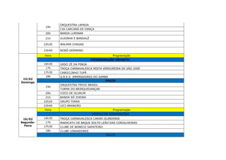 19h
ORQUESTRA LAPADA
CIA CARCARÁ DE DANÇA
20h BANDA LUMINAR
21h XUXINHA E BANDALÊ
22h20 WALMIR CHAGAS
23h40 NONÔ GERMANO
15/02
Domingo
Hora Programação
PROGRAMAÇÃO INFANTIL
16h30 URSO ZÉ DA PINGA
17h TROÇA CARNAVALESCA MISTA VERDUREIRA DE SÃO JOSÉ
17h30 CABOCLINHO TUPÃ
18h G.R.E.S IMPERADORES DO SAMBA
PALCO
19h
ORQUESTRA FREVO BRASIL
TURMA DO BRINQUEDANÇAR
20h COCO DE OLORUM
21h BANDA SÓ ZOEIRA
22h20 GRUPO TERRA
23h40 LECI BRANDÃO
16/02
Segunda-
Feira
Hora Programação
DESFILE DE AGREMIAÇÕES
16h30 TROÇA CARNAVALESCA CARIRI OLINDENSE
17h MARACATU DE BAQUE SOLTO LEÃO DAS CORDILHEIRAS
17h30 CLUBE DE BONECO SAPATEIRO
18h CLUBE LENHADORES
PALCO
 