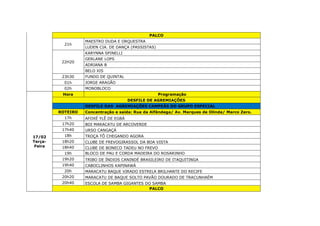 PALCO
21h
MAESTRO DUDA E ORQUESTRA
LUDEN CIA. DE DANÇA (PASSISTAS)
22H20
KARYNNA SPINELLI
GERLANE LOPS
ADRIANA B
BELO XIS
23h30 FUNDO DE QUINTAL
01h JORGE ARAGÃO
02h MONOBLOCO
17/02
Terça-
Feira
Hora Programação
DESFILE DE AGREMIAÇÕES
DESFILE DAS AGREMIAÇÕES CAMPEÃS DO GRUPO ESPECIAL
ROTEIRO Concentração e saída: Rua da Alfândega/ Av. Marques de Olinda/ Marco Zero.
17h AFOXÉ YLÊ DE EGBÁ
17h20 BOI MARACATU DE ARCOVERDE
17h40 URSO CANGAÇÁ
18h TROÇA TÔ CHEGANDO AGORA
18h20 CLUBE DE FREVOGIRASSOL DA BOA VISTA
18h40 CLUBE DE BONECO TADEU NO FREVO
19h BLOCO DE PAU E CORDA MADEIRA DO ROSARINHO
19h20 TRIBO DE ÍNDIOS CANINDÉ BRASILEIRO DE ITAQUITINGA
19h40 CABOCLINHOS KAPINAWÁ
20h MARACATU BAQUE VIRADO ESTRELA BRILHANTE DO RECIFE
20h20 MARACATU DE BAQUE SOLTO PAVÃO DOURADO DE TRACUNHAÉM
20h40 ESCOLA DE SAMBA GIGANTES DO SAMBA
PALCO
 
