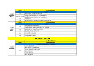16/02
Segunda
Feira
Hora Programação
PALCO
15h MARACATU NAÇÃO ESTRELAR
16h ÀS 17h30
GIL E SUA ORQUESTRA (ITINERANTE)
BALÉ DEVERAS (INFANTIL) PASSISTAS
18h MINIROCK
19h BLOCO LÍRICO INFANTIL SONHO E FANTASIA
17/02
Terça
Feira
Hora Programação
PALCO
15h
ORQUESTRA SOM BRASIL
GRUPO MASCARADO PALHAÇO DE OLINDA
16h BLOCO AFRO DARUÊ MALUNGO
17h CABOCLINHOS CURUMIM
18h ROMERO ANDRADE
19h FADAS MAGRINHAS
DONA LINDU
15/02
Domingo
Av. Boa Viagem
Hora Programação
ENCONTRO DE BOIS E URSOS
15h
URSO PÉ DE LÃ
BOI ESTRELA DO RECIFE
URSO TEIMOSO DA TORRE
BOI FACEIRO
URSO TEXACO
BOI TA TA TÁ
 