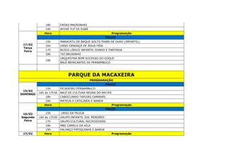 18h FADAS MAGRINHAS
19h AFOXÉ YLÉ DE EGBÁ
17/02
Terça
Feira
Hora Programação
PALCO
15h MARACATU DE BAQUE SOLTO PIABA DE OURO (INFANTIL)
16h URSO CANGAÇÁ DE ÁGUA FRIA
17h BLOCO LÍRICO INFANTIL SONHO E FANTASIA
18h TIO BRUNINHO
19h
ORQUESTRA BOM SUCESSO DO COQUE
BALÉ BRINCANTES DE PERNAMBUCO
PARQUE DA MACAXEIRA
PROGRAMAÇÃO
15/02
DOMINGO
PALCO
15h PICADEIRO PERNAMBUCO
16h às 17h30 BALÉ DE CULTURA NEGRA DO RECIFE
18h CABOCLINHO TAPUIAS CAMARÁS
19h MATEUS E CATILINDA E BANDA
16/02
Segunda
Feira
Hora Programação
PALCO
15h URSO DA PELEJA
16h às 17h30 GRUPO INFANTIL SOL MENORES
17h GRUPO CULTURAL RECIFOGOSAS
18h MBS CAMELO DA VILA
19h PALHAÇO PIPOQUINHA E BANDA
17/02 Hora Programação
 