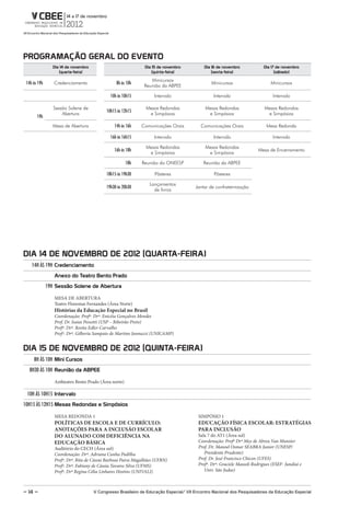 Programação gEral do EVENto
                dia 14 de novembro                            dia 15 de novembro          dia 16 de novembro             dia 17 de novembro
                    (quarta-feira)                                (quinta-feira)              (sexta-feira)                    (sábado)

                                                                 Minicursos
 14h às 19h      Credenciamento                 8h às 10h                                    Minicursos                      Minicursos
                                                              Reunião da ABPEE

                                             10h às 10h15          Intervalo                   Intervalo                      Intervalo

                Sessão Solene de                               Mesas Redondas             Mesas Redondas                  Mesas Redondas
                                           10h15 às 12h15
                    Abertura                                    e Simpósios                e Simpósios                     e Simpósios
       19h
                Mesa de Abertura               14h às 16h    Comunicações Orais         Comunicações Orais                 Mesa Redonda

                                             16h às 16h15          Intervalo                   Intervalo                      Intervalo

                                                               Mesas Redondas             Mesas Redondas
                                               16h às 18h                                                             Mesa de Encerramento
                                                                e Simpósios                e Simpósios

                                                       18h   Reunião do ONEESP            Reunião da ABPEE

                                           18h15 às 19h30          Pôsteres                    Pôsteres

                                                                 Lançamentos
                                           19h30 às 20h30                             Jantar de confraternização
                                                                   de livros




dIa 14 dE NoVEmBro dE 2012 (Quarta-FEIra)
    14H ÀS 19H Credenciamento
                 anexo do teatro Bento Prado
              19H Sessão Solene de abertura

                 MESA DE ABERTURA
                 Teatro Florestan Fernandes (Área Norte)
                 Histórias da Educação Especial no Brasil
                 Coordenação: Profª. Drª. Enicéia Gonçalves Mendes
                 Prof. Dr. Isaias Pessotti (USP – Ribeirão Preto)
                 Profª. Drª. Rosita Edler-Carvalho
                 Profª. Drª. Gilberta Sampaio de Martino Jannuzzi (UNICAMP)


dIa 15 dE NoVEmBro dE 2012 (QuINta-FEIra)
     8H ÀS 10H mini Cursos
   8H30 ÀS 10H reunião da aBPEE

                 Anfiteatro Bento Prado (Área norte)

 10H ÀS 10H15 Intervalo
10H15 ÀS 12H15 mesas redondas e Simpósios

                 MESA REDONDA 1                                                        SIMPÓSIO 1
                 POLÍTICAS DE ESCOLA E DE CURRÍCULO:                                   EDUCAÇÃO FÍSICA ESCOLAR: ESTRATÉGIAS
                 ANOTAÇÕES PARA A INCLUSÃO ESCOLAR                                     PARA INCLUSÃO
                 DO ALUNADO COM DEFICIÊNCIA NA                                         Sala 7 do AT1 (Área sul)
                 EDUCAÇÃO BÁSICA                                                       Coordenação: Profª Drª Mey de Abreu Van Munster
                 Auditório do CECH (Área sul)                                          Prof. Dr. Manoel Osmar SEABRA Junior (UNESP/
                 Coordenação: Drª. Adriana Cunha Padilha                                  Presidente Prudente)
                 Profª. Drª. Rita de Cássia Barbosa Paiva Magalhães (UFRN)             Prof. Dr. José Francisco Chicon (UFES)
                 Profª. Drª. Fabiany de Cássia Tavares Silva (UFMS)                    Profª. Drª. Graciele Massoli Rodrigues (ESEF- Jundiaí e
                 Profª. Drª Regina Célia Linhares Hostins (UNIVALI)                       Univ. São Judas)



– 14 –                               V Congresso Brasileiro de Educação Especial/ VII Encontro Nacional dos Pesquisadores da Educação Especial
 