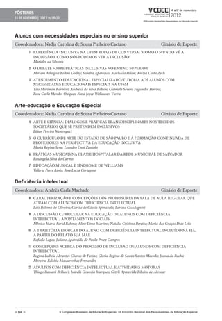 pôsteres
16 DE NOVEMBRO | 18h15 ás 19h30



Alunos com necessidades especiais no ensino superior
Coordenadora: Nadja Carolina de Sousa Pinheiro Caetano                                                     Ginásio de Esporte
         1 EXPERIÊNCIA INCLUSIVA NA UFTM RODAS DE CONVERSA: “COMO O MUNDO VÊ A
            INCLUSÃO E COMO NÓS PODEMOS VER A INCLUSÃO”
            Marieles da Silveira
         2 O DEBATE SOBRE PRÁTICAS INCLUSIVAS NO ENSINO SUPERIOR
            Miriam Adalgisa Bedim Godoy; Sandra Aparecida Machado Polon; Anizia Costa Zych
         3 ATENDIMENTO EDUCACIONAL ESPECIALIZADO/TUTORIA AOS ALUNOS COM
            NECESSIDADES EDUCACIONAIS ESPECIAIS NA UFSM
            Taís Marimon Barbieri; Andresa da Silva Bobsin; Gabriela Severo Fagundes Pereira;
            Rose Carla Mendes Oleques; Nara Joyce Wellausen Vieira


Arte-educação e educação especial
Coordenadora: Nadja Carolina de Sousa Pinheiro Caetano                                                     Ginásio de Esporte
         4 ARTE E CIÊNCIA: DIÁLOGOS E PRÁTICAS TRANSDISCIPLINARES NOS TECIDOS
            SOCIETÁRIOS QUE SE PRETENDEM INCLUSIVOS
            Lilian Pereira Menenguci
         5 O CURRÍCULO DE ARTE DO ESTADO DE SÃO PAULO E A FORMAÇÃO CONTINUADA DE
            PROFESSORES NA PERSPECTIVA DA EDUCAÇÃO INCLUSIVA
            Marta Regina Sene; Leandro Osni Zaniolo
         6 PRÁTICAS MUSICAIS NA CLASSE HOSPITALAR DA REDE MUNICIPAL DE SALVADOR
            Rosângela Silva do Carmo
         7 EDUCAÇÃO MUSICAL E SÍNDROME DE WILLIAMS
            Valéria Peres Asnis; Ana Lucia Cortegoso


Deficiência intelectual
Coordenadora: Andréa Carla Machado                                                                         Ginásio de Esporte
         8 CARACTERIZAÇÃO E CONCEPÇÕES DOS PROFESSORES DA SALA DE AULA REGULAR QUE
            ATUAM COM ALUNOS COM DEFICIÊNCIA INTELECTUAL
            Lais Paloma de Oliveira; Cariza de Cássia Spinazola; Larissa Guadagnini
         9 A DISCUSSÃO CURRICULAR NA EDUCAÇÃO DE ALUNOS COM DEFICIÊNCIA
            INTELECTUAL: APONTAMENTOS INICIAIS
            Mônica Maria Farid Rahme; Aline Lima Martins; Natália Cristina Pereira; Maria das Graças Dias Lelis
         10 A TRAJETÓRIA ESCOLAR DO ALUNO COM DEFICIÊNCIA INTELECTUAL INCLUÍDO NA EJA,
            A PARTIR DO RELATO SUA MÃE
            Rafaela Lopes; Juliane Aparecida de Paula Perez Campos
         11 CONCEPÇÕES ACERCA DO PROCESSO DE INCLUSÃO DE ALUNOS COM DEFICIÊNCIA
            INTELECTUAL
            Regina Isabela Abrantes Chaves de Farias; Gloria Regina de Souza Santos Macedo; Joana da Rocha
            Moreira; Edicléa Mascarenhas Fernandes
         12 ADULTOS COM DEFICIÊNCIA INTELECTUAL E ATIVIDADES MOTORAS
            Thiago Bassani Bellusci; Isabela Gouveia Marques; Gizeli Aparecida Ribeiro de Alencar




– 84 –                        V Congresso Brasileiro de educação especial/ VII encontro Nacional dos pesquisadores da educação especial
 