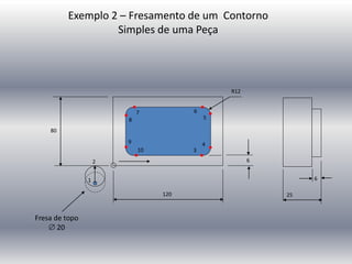 Exemplo 2 – Fresamento de um Contorno
Simples de uma Peça
1
R12
6
80
120
4
3
25
6
2
10
9
8
7 6
5
Fresa de topo
 20
 
