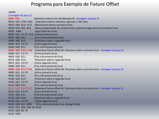 Programa para Exemplo de Fixture Offset
O0005
(Usinagem da peça 1)
0005 G54 (Seleciona sistema de coordenadas #1- Usinagem da peça 1)
N010 G90 S700 M03 (Seleciona sistema absoluto, liga eixo a 700 rpm)
N015 G00 X1.0 Y1.0 (Movimente sobre o primeiro furo)
N020 G43 H01 Z0.1 (Ativa compensação de comprimento, posiciona logo acima do primeiro furo)
N025 M08 (Liga fluido de corte)
N030 G01 Z-0.75 F3.0 (Usine primeiro furo)
N035 G00 Z0.1 (Tire a ferramenta do furo)
N040 G00 X2.0 (Posicione sobre o segundo furo)
N045 G01 Z-0.75 (Usine segundo furo)
N050 G00 Z0.1 (Tire a ferramenta do furo)
N055 G55 X1.0 Y1.0 (Selecione fixture offset #2, Posicione sobre o primeiro furo - Usinagem da peça 2)
N060 G01 Z-0.75 (Usine primeiro furo)
N065 G00 Z0.1 (Tire a ferramenta do furo)
N070 G00 X2.0 (Posicione sobre o segundo furo)
N075 G01 Z-0.75 (Usine segundo furo)
N080 G00 Z0.1 (Tire a ferramenta do furo)
N085 G56 X1.0 Y1.0 (Selecione fixture offset #3, Posicione sobre o primeiro furo - Usinagem da peça 3)
N090 G01 Z-0.75 (Usine primeiro furo)
N095 G00 Z0.1 (Tire a ferramenta do furo)
N100 G00 X2.0 (Posicione sobre o segundo furo)
N105 G01 Z-0.75 (Usine segundo furo)
N110 G00 Z0.1 (Tire a ferramenta do furo)
N115 G57 X1.0 Y1.0 (Selecione fixture offset #4, Posicione sobre o primeiro furo - Usinagem da peça 1)
N120 G01 Z-0.75 (Usine primeiro furo)
N125 G00 Z0.1 (Tire a ferramenta do furo)
N130 G00 X2.0 (Posicione sobre o segundo furo)
N135 G01 Z-0.75 (Usine segundo furo)
N140 G00 Z0.1 M09 (Tire a ferramenta do furo, desliga fluido)
N145 G91 G49 G28 Z0 M19
N150 G28 X0 Y0
N155 M30
 