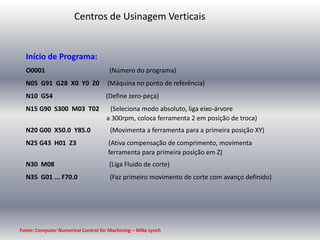 Centros de Usinagem Verticais
Fonte: Computer Numerical Control for Machining – Mike Lynch
Início de Programa:
O0001 (Número do programa)
N05 G91 G28 X0 Y0 Z0 (Máquina no ponto de referência)
N10 G54 (Define zero-peça)
N15 G90 S300 M03 T02 (Seleciona modo absoluto, liga eixo-árvore
a 300rpm, coloca ferramenta 2 em posição de troca)
N20 G00 X50.0 Y85.0 (Movimenta a ferramenta para a primeira posição XY)
N25 G43 H01 Z3 (Ativa compensação de comprimento, movimenta
ferramenta para primeira posição em Z)
N30 M08 (Liga Fluido de corte)
N35 G01 ... F70.0 (Faz primeiro movimento de corte com avanço definido)
 