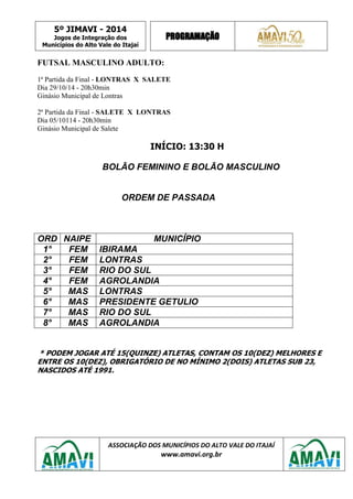5º JIMAVI - 2014 
Jogos de Integração dos 
Municípios do Alto Vale do Itajaí 
PROGRAMAÇÃO 
ASSOCIAÇÃO DOS MUNICÍPIOS DO ALTO VALE DO ITAJAÍ 
www.amavi.org.br 
FUTSAL MASCULINO ADULTO: 
1ª Partida da Final - LONTRAS X SALETE 
Dia 29/10/14 - 20h30min 
Ginásio Municipal de Lontras 
2ª Partida da Final - SALETE X LONTRAS 
Dia 05/10114 - 20h30min 
Ginásio Municipal de Salete 
INÍCIO: 13:30 H 
BOLÃO FEMININO E BOLÃO MASCULINO 
ORDEM DE PASSADA 
ORD 
NAIPE 
MUNICÍPIO 
1° 
FEM 
IBIRAMA 
2° 
FEM 
LONTRAS 
3° 
FEM 
RIO DO SUL 
4° 
FEM 
AGROLANDIA 
5° 
MAS 
LONTRAS 
6° 
MAS 
PRESIDENTE GETULIO 
7° 
MAS 
RIO DO SUL 
8° 
MAS 
AGROLANDIA 
* PODEM JOGAR ATÉ 15(QUINZE) ATLETAS, CONTAM OS 10(DEZ) MELHORES E ENTRE OS 10(DEZ), OBRIGATÓRIO DE NO MÍNIMO 2(DOIS) ATLETAS SUB 23, NASCIDOS ATÉ 1991. 
 