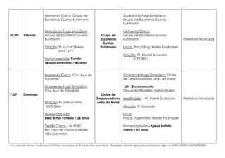 06/09 
Sábado 
Momento Cívico: Grupo de 
Escoteiros Gustav Kuhlmann 
Guarda do Fogo Simbólico: 
Grupo de Escoteiros Gustav 
Kuhlmann 
Oração: Pr. Lucas Silveira 
3375 2279 
Homenageada: Banda 
Sesquicentenário – 40 anos 
Grupo de 
Escoteiros 
Gustav 
Kuhlmann 
Guarda do Fogo Simbólico: 
Grupo de Escoteiros Gustav 
Kuhlmann 
Momento Cívico: 
Grupo de Escoteiros Gustav 
Kuhlmann 
Local: Praça Eng. Walter Faulhaber 
Oração: Pr. Daniel Schwartz 
3375 3361 
Prefeitura Municipal 
7/09 
Domingo 
Momento Cívico: Cruz Azul de 
Panambi 
Guarda do Fogo Simbólico: 
Cruz Azul de Panambi 
Oração: Pr. Dálcio Petry 
3375 3844 
Homenageada: 
EMEI Amor Perfeito – 25 anos 
Desfile Cívico – às 9h30. 
Em caso de chuva o desfile 
não acontece. 
Clube de 
Desbravadores 
Leão do Norte 
Guarda do Fogo Simbólico: Clube 
de Desbravadores Leão do Norte 
16h - Encerramento 
Orquestra Filadélfia Batista Salém 
Meditação – Pr. Valmir Dutra Lira 
Oração: Pr. Salvador 
Local: 
Praça Engenheiro Walter Faulhaber 
Homenageada – Igreja Batista 
Salém – 55 anos 
Prefeitura Municipal 
Em caso de chuva, o Momento Cívico, na praça, às 8 horas não acontece,- Qualquer dúvida ligar para professora Ligia na SMEC-3376-9100/96830585 
