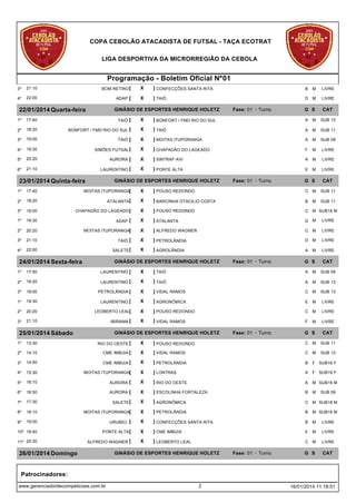 COPA CEBOLÃO ATACADISTA DE FUTSAL - TAÇA ECOTRAT
LIGA DESPORTIVA DA MICRORREGIÃO DA CEBOLA

Programação - Boletim Oficial Nº01
3º

21:10

BOM RETIRO [

X

] CONFECÇÕES SANTA RITA

B

M

LIVRE

4º

22:00

ADAP [

X

] TAIÓ

D M

LIVRE

G S

CAT

22/01/2014 Quarta-feira

GINÁSIO DE ESPORTES HENRIQUE HOLETZ

Fase: 01 - Turno

1º

17:40

TAIÓ [

X

] BONFORT / FMD RIO DO SUL

A

M

SUB 13

2º

18:20

BONFORT / FMD RIO DO SUL [

X

] TAIÓ

A

M

SUB 11

3º

19:00

TAIÓ [

X

] MOITAS ITUPORANGA

A

M

SUB 09

4º

19:30

SIMÕES FUTSAL [

X

] CHAPADÃO DO LAGEADO

F

M

LIVRE

5º

20:20

AURORA [

X

] SINTRAF-AVI

A

M

LIVRE

6º

21:10

LAURENTINO [

X

] PONTE ALTA

E

M

LIVRE

23/01/2014 Quinta-feira

GINÁSIO DE ESPORTES HENRIQUE HOLETZ

Fase: 01 - Turno

G S

CAT

1º

17:40

MOITAS ITUPORANGA[

X

] POUSO REDONDO

C M

SUB 11

2º

18:20

ATALANTA[

X

] BARCINHA OTACILIO COSTA

B

SUB 11

3º

19:00

CHAPADÃO DO LAGEADO [

X

] POUSO REDONDO

C M SUB16 M

1º

19:30

ADAP [

X

] ATALANTA

D M

LIVRE

2º

20:20

MOITAS ITUPORANGA[

X

] ALFREDO WAGNER

C M

LIVRE

3º

21:10

TAIÓ [

X

] PETROLÂNDIA

D M

LIVRE

4º

22:00

SALETE [

X

] AGROLÂNDIA

A

LIVRE

24/01/2014 Sexta-feira

GINÁSIO DE ESPORTES HENRIQUE HOLETZ

Fase: 01 - Turno

M

M

G S

CAT

1º

17:50

LAURENTINO [

X

] TAIÓ

A

M

SUB 09

2º

18:20

LAURENTINO [

X

] TAIÓ

A

M

SUB 13

3º

19:00

PETROLÂNDIA [

X

] VIDAL RAMOS

C M

SUB 13

1º

19:30

LAURENTINO [

X

] AGRONÔMICA

E

M

LIVRE

2º

20:20

LEOBERTO LEAL[

X

] POUSO REDONDO

C M

LIVRE

3º

21:10

IBIRAMA [

X

] VIDAL RAMOS

F

LIVRE

25/01/2014 Sábado

GINÁSIO DE ESPORTES HENRIQUE HOLETZ

Fase: 01 - Turno

M

G S

CAT

1º

13:30

RIO DO OESTE [

X

] POUSO REDONDO

C M

SUB 11

2º

14:10

CME IMBUIA [

X

] VIDAL RAMOS

C M

SUB 13

3º

14:50

CME IMBUIA [

X

] PETROLÂNDIA

B

F SUB16 F

4º

15:30

MOITAS ITUPORANGA[

X

] LONTRAS

A

F SUB16 F

5º

16:10

AURORA [

X

] RIO DO OESTE

A

M SUB16 M

6º

16:50

AURORA [

X

] ESCOLINHA FORTALEZA

B

M

7º

17:30

SALETE [

X

] AGRONÔMICA

C M SUB16 M

8º

18:10

MOITAS ITUPORANGA[

X

] PETROLÂNDIA

B

M SUB16 M

9º

19:00

URUBICI [

X

] CONFECÇÕES SANTA RITA

B

M

LIVRE

10º 19:40

PONTE ALTA [

X

] CME IMBUIA

E

M

LIVRE

11º 20:30

ALFREDO WAGNER [

X

] LEOBERTO LEAL

C M

LIVRE

G S

CAT

26/01/2014 Domingo

GINÁSIO DE ESPORTES HENRIQUE HOLETZ

Fase: 01 - Turno

SUB 09

Patrocinadores:
www.gerenciadordecompeticoes.com.br

2

16/01/2014 11:18:51

 