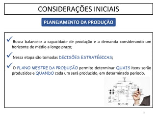 Busca balancear a capacidade de produção e a demanda considerando um
horizonte de médio a longo prazo;
Nessa etapa são tomadas DECISÕES ESTRATÉGICAS;
O PLANO MESTRE DA PRODUÇÃO permite determinar QUAIS itens serão
produzidos e QUANDO cada um será produzido, em determinado período.
3
CONSIDERAÇÕES INICIAIS
PLANEJAMENTO DA PRODUÇÃO
 