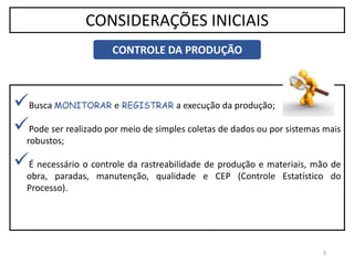 Busca MONITORAR e REGISTRAR a execução da produção;
Pode ser realizado por meio de simples coletas de dados ou por sistemas mais
robustos;
É necessário o controle da rastreabilidade de produção e materiais, mão de
obra, paradas, manutenção, qualidade e CEP (Controle Estatístico do
Processo).
5
CONSIDERAÇÕES INICIAIS
CONTROLE DA PRODUÇÃO
 