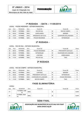 5º JIMAVI - 2014
Jogos de Integração dos
Municípios do Alto Vale do Itajaí
PROGRAMAÇÃO
1ª RODADA - DATA – 11/05/2014
LOCAL: POUSO REDONDO – ESTADIO MUNICIPAL
Jogo Hora Modalidade Sexo Equipe [A] Equipe [B] Chave
01 08:00 FUTEBOL MAS RIO DO SUL X RIO DO CAMPO A
02 09:00 FUTEBOL MAS AGROLANDIA X IBIRAMA B
03 10:00 FUTEBOL MAS PRSIDENTE GETULIO X CHAPADÃO DO LAGEADO C
04 11:00 FUTEBOL MAS POUSO REDONDO X WITMARSUM C
2ª RODADA -
LOCAL: RIO DO SUL – ESTADIO MUNICIPAL
Jogo Hora Modalidade Sexo Equipe [A] Equipe [B] Chave
05 08:00 FUTEBOL MAS POUSO REDONDO X PRESIDENTE GETULIO C
06 09:00 FUTEBOL MAS WITMARSUM X CHAPADÃO DO LAGEADO C
07 10:00 FUTEBOL MAS LONTRAS X AGROLANDIA B
08 11:00 FUTEBOL MAS RIO DO SUL X TAIO A
3ª RODADA
LOCAL: RIO DO CAMPO – ESTADIO MUNICIPAL
Jogo Hora Modalidade Sexo Equipe [A] Equipe [B] Chave
09 08:00 FUTEBOL MAS LONTRAS X IBIRAMA B
10 09:00 FUTEBOL MAS PRESIDENTE GETULIO X WITMARSUM C
11 10:00 FUTEBOL MAS CHAPADÃO DO LAGEADO X POUSO REDONDO C
12 11:00 FUTEBOL MAS RIO DO CAMPO X TAIO A
FASE ELIMINATÓRIA
LOCAL:
Jogo Hora Modalidade Sexo Equipe [A] Equipe [B] Chave
01
FUTEBOL SUB
16
MAS X ELIM
02
FUTEBOL SUB
16
MAS X ELIM
SEMI FINAL
ASSOCIAÇÃO DOS MUNICÍPIOS DO ALTO VALE DO ITAJAÍ
www.amavi.org.br
 