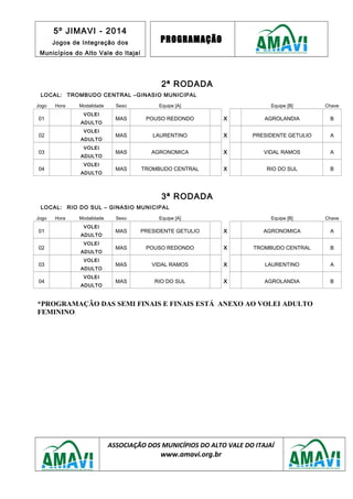 5º JIMAVI - 2014
Jogos de Integração dos
Municípios do Alto Vale do Itajaí
PROGRAMAÇÃO
2ª RODADA
LOCAL: TROMBUDO CENTRAL –GINASIO MUNICIPAL
Jogo Hora Modalidade Sexo Equipe [A] Equipe [B] Chave
01
VOLEI
ADULTO
MAS POUSO REDONDO X AGROLANDIA B
02
VOLEI
ADULTO
MAS LAURENTINO X PRESIDENTE GETULIO A
03
VOLEI
ADULTO
MAS AGRONOMICA X VIDAL RAMOS A
04
VOLEI
ADULTO
MAS TROMBUDO CENTRAL X RIO DO SUL B
3ª RODADA
LOCAL: RIO DO SUL – GINASIO MUNICIPAL
Jogo Hora Modalidade Sexo Equipe [A] Equipe [B] Chave
01
VOLEI
ADULTO
MAS PRESIDENTE GETULIO X AGRONOMICA A
02
VOLEI
ADULTO
MAS POUSO REDONDO X TROMBUDO CENTRAL B
03
VOLEI
ADULTO
MAS VIDAL RAMOS X LAURENTINO A
04
VOLEI
ADULTO
MAS RIO DO SUL X AGROLANDIA B
*PROGRAMAÇÃO DAS SEMI FINAIS E FINAIS ESTÁ ANEXO AO VOLEI ADULTO
FEMININO.
ASSOCIAÇÃO DOS MUNICÍPIOS DO ALTO VALE DO ITAJAÍ
www.amavi.org.br
 