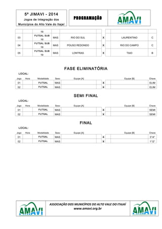 5º JIMAVI - 2014
Jogos de Integração dos
Municípios do Alto Vale do Itajaí
PROGRAMAÇÃO
10
03
FUTSAL SUB
10
MAS RIO DO SUL X LAURENTINO C
04
FUTSAL SUB
10
MAS POUSO REDONDO X RIO DO CAMPO C
05
FUTSAL SUB
10
MAS LONTRAS X TAIO B
FASE ELIMINATÓRIA
LOCAL:
Jogo Hora Modalidade Sexo Equipe [A] Equipe [B] Chave
01 FUTSAL MAS X ELIM
02 FUTSAL MAS X ELIM
SEMI FINAL
LOCAL:
Jogo Hora Modalidade Sexo Equipe [A] Equipe [B] Chave
01 FUTSAL MAS X SEMI
02 FUTSAL MAS X SEMI
FINAL
LOCAL:
Jogo Hora Modalidade Sexo Equipe [A] Equipe [B] Chave
01 FUTSAL MAS X 3°/4°
02 FUTSAL MAS X 1°/2°
ASSOCIAÇÃO DOS MUNICÍPIOS DO ALTO VALE DO ITAJAÍ
www.amavi.org.br
 