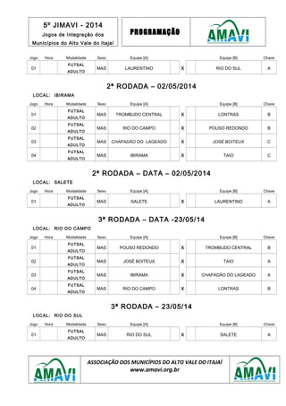 5º JIMAVI - 2014
Jogos de Integração dos
Municípios do Alto Vale do Itajaí
PROGRAMAÇÃO
Jogo Hora Modalidade Sexo Equipe [A] Equipe [B] Chave
01
FUTSAL
ADULTO
MAS LAURENTINO X RIO DO SUL A
2ª RODADA – 02/05/2014
LOCAL: IBIRAMA
Jogo Hora Modalidade Sexo Equipe [A] Equipe [B] Chave
01
FUTSAL
ADULTO
MAS TROMBUDO CENTRAL X LONTRAS B
02
FUTSAL
ADULTO
MAS RIO DO CAMPO X POUSO REDONDO B
03
FUTSAL
ADULTO
MAS CHAPADÃO DO LAGEADO X JOSÉ BOITEUX C
04
FUTSAL
ADULTO
MAS IBIRAMA X TAIO C
2ª RODADA – DATA – 02/05/2014
LOCAL: SALETE
Jogo Hora Modalidade Sexo Equipe [A] Equipe [B] Chave
01
FUTSAL
ADULTO
MAS SALETE X LAURENTINO A
3ª RODADA – DATA -23/05/14
LOCAL: RIO DO CAMPO
Jogo Hora Modalidade Sexo Equipe [A] Equipe [B] Chave
01
FUTSAL
ADULTO
MAS POUSO REDONDO X TROMBUDO CENTRAL B
02
FUTSAL
ADULTO
MAS JOSÉ BOITEUX X TAIO A
03
FUTSAL
ADULTO
MAS IBIRAMA X CHAPADÃO DO LAGEADO A
04
FUTSAL
ADULTO
MAS RIO DO CAMPO X LONTRAS B
3ª RODADA – 23/05/14
LOCAL: RIO DO SUL
Jogo Hora Modalidade Sexo Equipe [A] Equipe [B] Chave
01
FUTSAL
ADULTO
MAS RIO DO SUL X SALETE A
ASSOCIAÇÃO DOS MUNICÍPIOS DO ALTO VALE DO ITAJAÍ
www.amavi.org.br
 