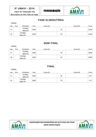 5º JIMAVI - 2014
Jogos de Integração dos
Municípios do Alto Vale do Itajaí
PROGRAMAÇÃO
FASE ELIMINATÓRIA
LOCAL:
Jogo Hora Modalidade Sexo Equipe [A] Equipe [B] Chave
01
FUTSAL
ADULTO
MAS X ELIM
02
FUTSAL
ADULTO
MAS X ELIM
SEMI FINAL
LOCAL:
Jogo Hora Modalidade Sexo Equipe [A] Equipe [B] Chave
01
FUTSAL
ADULTO
MAS X SEMI
02
FUTSAL
ADULTO
MAS X SEMI
FINAL
LOCAL:
Jogo Hora Modalidade Sexo Equipe [A] Equipe [B] Chave
01
FUTSAL
ADULTO
MAS X 3°/4°
02
FUTSAL
ADULTO
MAS X 1°/2°
ASSOCIAÇÃO DOS MUNICÍPIOS DO ALTO VALE DO ITAJAÍ
www.amavi.org.br
 