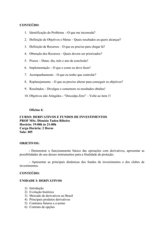CONTEÚDO:

   1. Identificação do Problema - O que me incomoda?

   2. Definição de Objetivos e Metas – Quais resultados eu quero alcançar?

   3. Definição de Recursos – O que eu preciso para chegar lá?

   4. Obtenção dos Recursos – Quais devem ser priorizados?

   5. Prazos – Datas: dia, mês e ano de conclusão!

   6. Implementação – O que e como eu devo fazer!

   7. Acompanhamento – O que eu tenho que controlar?

   8. Replanejamento – O que eu preciso alterar para conseguir os objetivos?

   9. Resultados – Divulgue e comemore os resultados obtidos!

   10. Objetivos não Atingidos - “Desculpa Zero” – Volte ao item 1!



        Oficina 4:

CURSO: DERIVATIVOS E FUNDOS DE INVESTIMENTOS
PROF MSc. Dionísio Tadeu Ribeiro
Horário: 19:00h às 21:00h
Carga Horária: 2 Horas
Sala: 405


OBJETIVOS:

       - Demonstrar o funcionamento básico das operações com derivativos, apresentar as
possibilidades do uso desses instrumentos para a finalidade de proteção;

       - Apresentar as principais dinâmicas dos fundos de investimentos e dos clubes de
investimentos.

CONTEÚDO:

UNIDADE I: DERIVATIVOS

   1)   Introdução
   2)   Evolução histórica
   3)   Mercado de derivativos no Brasil
   4)   Principais produtos derivativos
   5)   Contratos futuros e a termo
   6)   Contrato de opções
 