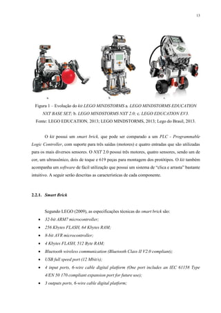 13

Figura 1 – Evolução do kit LEGO MINDSTORMS a. LEGO MINDSTORMS EDUCATION
NXT BASE SET; b. LEGO MINDSTORMS NXT 2.0; c. LEGO EDUCATION EV3.
Fonte: LEGO EDUCATION, 2013; LEGO MINDSTORMS, 2013; Lego do Brasil, 2013.

O kit possui um smart brick, que pode ser comparado a um PLC - Programmable
Logic Controller, com suporte para três saídas (motores) e quatro entradas que são utilizadas
para os mais diversos sensores. O NXT 2.0 possui três motores, quatro sensores, sendo um de
cor, um ultrassônico, dois de toque e 619 peças para montagem dos protótipos. O kit também
acompanha um software de fácil utilização que possui um sistema de “clica e arrasta” bastante
intuitivo. A seguir serão descritas as características de cada componente.

2.2.1. Smart Brick

Segundo LEGO (2009), as especificações técnicas do smart brick são:


32-bit ARM7 microcontroller;



256 Kbytes FLASH, 64 Kbytes RAM;



8-bit AVR microcontroller;



4 Kbytes FLASH, 512 Byte RAM;



Bluetooth wireless communication (Bluetooth Class II V2.0 compliant);



USB full speed port (12 Mbit/s);



4 input ports, 6-wire cable digital platform (One port includes an IEC 61158 Type
4/EN 50 170 compliant expansion port for future use);



3 outputs ports, 6-wire cable digital platform;

 