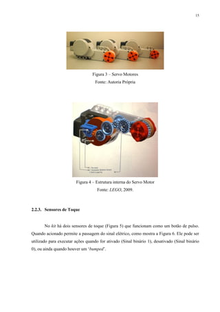 15

Figura 3 – Servo Motores
Fonte: Autoria Própria

Figura 4 – Estrutura interna do Servo Motor
Fonte: LEGO, 2009.

2.2.3. Sensores de Toque

No kit há dois sensores de toque (Figura 5) que funcionam como um botão de pulso.
Quando acionado permite a passagem do sinal elétrico, como mostra a Figura 6. Ele pode ser
utilizado para executar ações quando for ativado (Sinal binário 1), desativado (Sinal binário
0), ou ainda quando houver um „bumped‟.

 