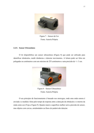 17

Figura 7 – Sensor de Cor
Fonte: Autoria Própria

2.2.5. Sensor Ultrassônico

O kit disponibiliza um sensor ultrassônico (Figura 8) que pode ser utilizado para
identificar obstáculos, medir distâncias e detectar movimentos. A leitura pode ser feita em
polegadas ou centímetros com um máximo de 255 centímetros e uma precisão de +/- 3 cm.

Figura 8 – Sensor Ultrassônico
Fonte: Autoria Própria

O seu princípio de funcionamento é baseado nos morcegos, onde uma onda sonora é
enviada e a medida é feita pelo tempo de resposta entre a detecção do obstáculo e o retorno da
onda como eco (Veja a Figura 9). Quanto maior a superfície melhor será a precisão do sensor,
mas objetos com curvas, arredondados ou finos ele poderá não detectar.

 