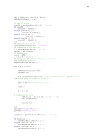 80

mBC = NXTMotor( [MOTOR_B; MOTOR_C] );
mBC.SmoothStart = true;
%% Set up ports
portUS = get(handles.mdPorUS, 'String');
if portUS == '1'
portUS2 = SENSOR_1;
elseif portUS == '2'
portUS2 = SENSOR_2;
elseif portUS == '3'
portUS2 = SENSOR_3;
elseif portUS == '4'
portUS2 = SENSOR_4;
end
%% Ativando Sensor US
OpenUltrasonic(portUS2, 'snapshot')
%% Distância a ser mantida
n = get(handles.mdDist, 'String');
target = (str2num(n));
%% Parâmetros
count = 100;
x = 0 : 1 : count-1 ;
%% Array com so valores do Sensor e Gráfico
cla %limpando gráfico
legend(handles.mdGraf,'off')
for i = 1 : count
USMakeSnapshot(portUS2)
pause(0.05)
d = GetUltrasonic(portUS2);%USGetSnapshotResults( portUS2 ); %
Distância para acionamento do motor
y(i) = d;%GetUltrasonic(portUS2);
hold on
i = i + 1;
% Movimento do Robô
mBC.Power = floor( (d - target) * 10);
mBC.SendToNXT();
pause( 0.1 )
end
xlabel('Contador/Tempo')
ylabel('Distância (cm)')
CorSinal = get(handles.mdCorSinal, 'Value');
if CorSinal == 1
plot(handles.mdGraf,x,y,'b')
elseif CorSinal == 2
plot(handles.mdGraf,x,y,'c')
elseif CorSinal == 3
plot(handles.mdGraf,x,y,'m')

 
