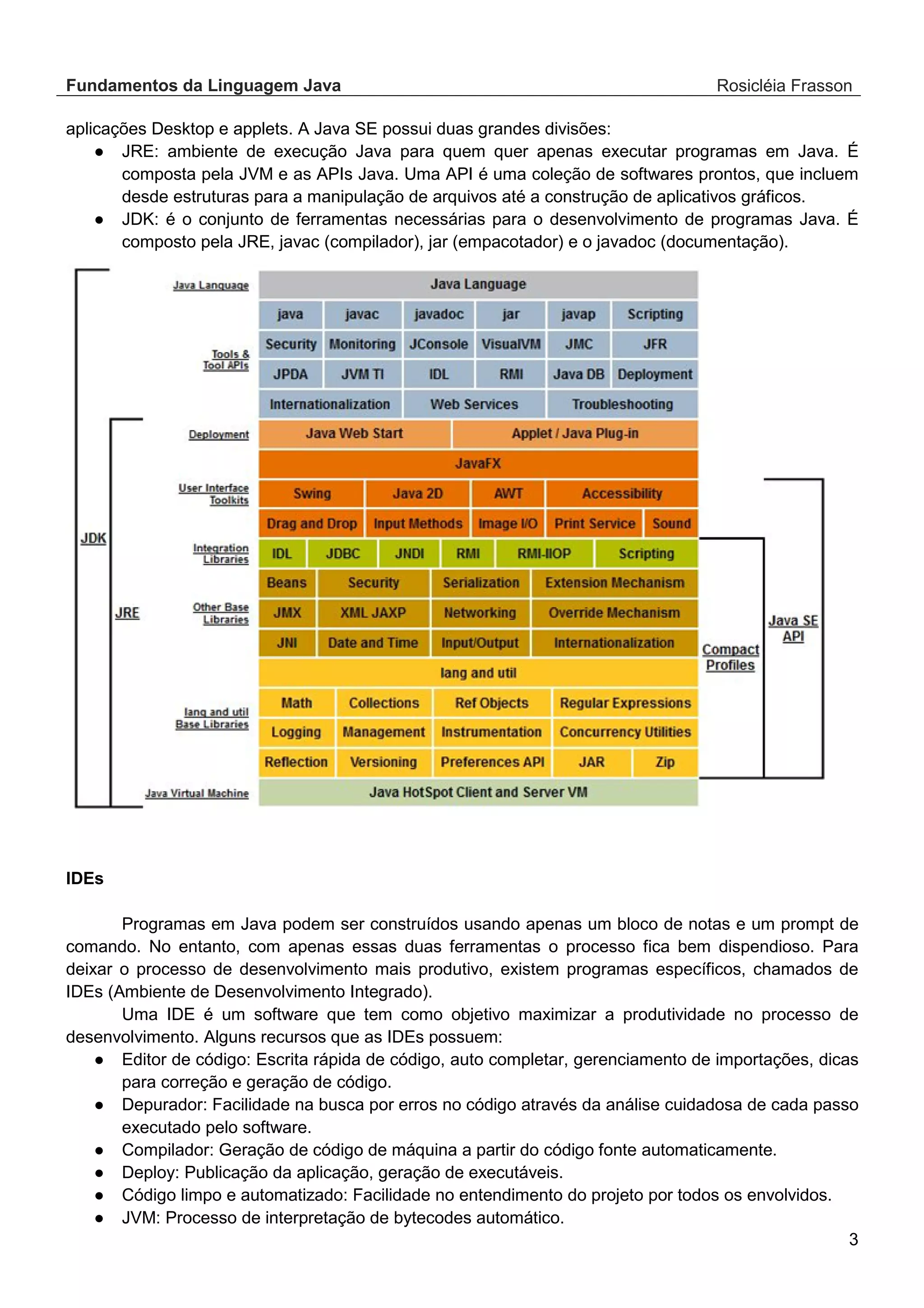 Fundamentos da Linguagem Java Rosicléia Frasson 3 aplicações Desktop e applets. A Java SE possui duas grandes divisões: ● JRE: ambiente de execução Java para quem quer apenas executar programas em Java. É composta pela JVM e as APIs Java. Uma API é uma coleção de softwares prontos, que incluem desde estruturas para a manipulação de arquivos até a construção de aplicativos gráficos. ● JDK: é o conjunto de ferramentas necessárias para o desenvolvimento de programas Java. É composto pela JRE, javac (compilador), jar (empacotador) e o javadoc (documentação). IDEs Programas em Java podem ser construídos usando apenas um bloco de notas e um prompt de comando. No entanto, com apenas essas duas ferramentas o processo fica bem dispendioso. Para deixar o processo de desenvolvimento mais produtivo, existem programas específicos, chamados de IDEs (Ambiente de Desenvolvimento Integrado). Uma IDE é um software que tem como objetivo maximizar a produtividade no processo de desenvolvimento. Alguns recursos que as IDEs possuem: ● Editor de código: Escrita rápida de código, auto completar, gerenciamento de importações, dicas para correção e geração de código. ● Depurador: Facilidade na busca por erros no código através da análise cuidadosa de cada passo executado pelo software. ● Compilador: Geração de código de máquina a partir do código fonte automaticamente. ● Deploy: Publicação da aplicação, geração de executáveis. ● Código limpo e automatizado: Facilidade no entendimento do projeto por todos os envolvidos. ● JVM: Processo de interpretação de bytecodes automático. 