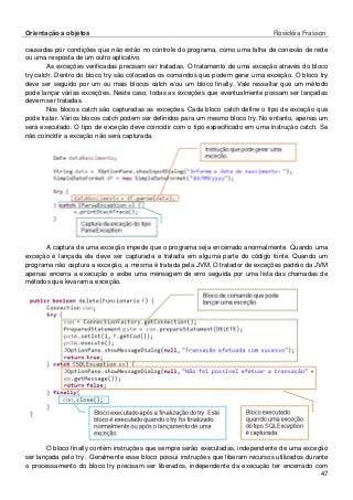 Orientação a objetos Rosicléia Frasson 
47 
causadas por condições que não estão no controle do programa, como uma falha de conexão de rede ou uma resposta de um outro aplicativo. 
As exceções verificadas precisam ser tratadas. O tratamento de uma exceção através do bloco try catch. Dentro do bloco try são colocados os comandos que podem gerar uma exceção. O bloco try deve ser seguido por um ou mais blocos catch e/ou um bloco finally. Vale ressaltar que um método pode lançar várias exceções. Neste caso, todas as exceções que eventualmente possam ser lançadas devem ser tratadas. 
Nos blocos catch são capturadas as exceções. Cada bloco catch define o tipo de exceção que pode tratar. Vários blocos catch podem ser definidos para um mesmo bloco try. No entanto, apenas um será executado. O tipo de exceção deve coincidir com o tipo especificado em uma instrução catch. Se não coincidir a exceção não será capturada. 
A captura de uma exceção impede que o programa seja encerrado anormalmente. Quando uma exceção é lançada ela deve ser capturada e tratada em alguma parte do código fonte. Quando um programa não captura a exceção, a mesma é tratada pela JVM. O tratador de exceções padrão da JVM apenas encerra a execução e exibe uma mensagem de erro seguida por uma lista das chamadas de métodos que levaram a exceção. 
O bloco finally contém instruções que sempre serão executadas, independente de uma exceção ser lançada pelo try . Geralmente esse bloco possui instruções que liberam recursos utilizados durante o processamento do bloco try precisam ser liberados, independente da execução ter encerrado com  