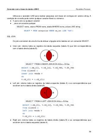 Conexão com a base de dados JDBC Rosicléia Frasson 
59 
Utiliza-se o operador LIKE para realizar pesquisas com base em coringas em valores string. A condição de consulta pode conter qualquer caracter literal ou números. 
● % para zero ou qualquer caracter 
● _ para um caracter qualquer 
SELECT nome_coluna FROM nome_tabela WHERE nome_coluna LIKE string; 
SQL JOIN 
Os joins consistem de uma forma de efetuar a ligação entre tabelas em um comando SELECT. 
● Inner join: retorna todos os registros da tabela esquerda (tabela A) que têm correspondência com a tabela direita (tabela B). 
SELECT * FROM A INNER JOIN B ON A.Key = B.Key 
● Left join: retorna todos os registros da tabela esquerda (tabela A) e as correspondências que existirem com a tabela direita (tabela B). 
SELECT * FROM A LEFT JOIN B ON A.Key = B.Key 
● Right join: retorna todos os registros da tabela direita (tabela B) e as correspondências que existirem com a tabela esquerda (tabela A).  
