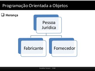 Programação Orientada a Objetos 
 Herança 
Pessoa 
Jurídica 
Fabricante Fornecedor 
Rosicléia Frasson - 2014 
 