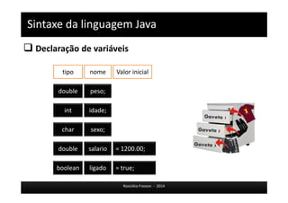 Sintaxe da linguagem Java 
 Declaração de variáveis 
tipo nome Valor inicial 
Rosicléia Frasson - 2014 
double peso; 
int idade; 
char sexo; 
double salario = 1200.00; 
boolean ligado = true; 
 