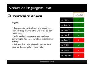 Sintaxe da linguagem Java 
 Declaração de variáveis 
Rosicléia Frasson - 2014 
Regras 
 Os nomes de variáveis em Java devem ser 
inicializados por uma letra, um cifrão ou por 
undescore; 
 Após o primeiro caracter, vale qualquer 
combinação de números, letras, underscore e 
cifrão; 
 Os identificadores não podem ter o nome 
igual ao de uma palavra reservada. 
int num;  
int $num; 
int _num; 
int num1; 
int 1num; 
int NUM; 
compila? 
 
 
 
X 
 
int -num; X 
int num-av; X 
 