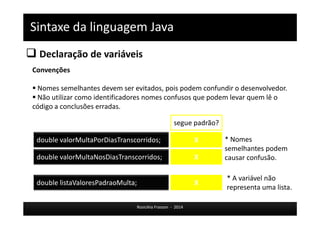Sintaxe da linguagem Java 
 Declaração de variáveis 
Rosicléia Frasson - 2014 
Convenções 
 Nomes semelhantes devem ser evitados, pois podem confundir o desenvolvedor. 
 Não utilizar como identificadores nomes confusos que podem levar quem lê o 
código a conclusões erradas. 
double valorMultaNosDiasTranscorridos; 
segue padrão? 
double valorMultaPorDiasTranscorridos; 
double listaValoresPadraoMulta; 
X 
* Nomes 
semelhantes podem 
causar confusão. 
X 
X 
* A variável não 
representa uma lista. 
 
