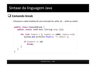 Sintaxe da linguagem Java 
 Comando break 
 Ocasiona a saída imediata de uma instrução for, while, do ... while ou switch. 
public class ComandoBreak { 
public static void main (String args []){ 
for (int numero = 1; numero <= 1000; numero ++){ 
System.out.println("Número: "+ numero ); 
if (numero == 10) 
Rosicléia Frasson - 2014 
break; 
} 
} 
} 
 