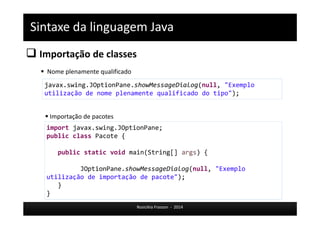 Programação Orientada a Objetos 
 Classe 
Funcionários 
Rosicléia Frasson - 2014 
Matrícula: 1234 
Nome: João da Silva 
Sexo: M 
Matrícula: 2678 
Nome: Joana Monteiro 
Sexo: F 
Matrícula: 9876 
Nome: Marcio Oliveira 
Sexo: M 
- Recebe aumento 
- Troca turno 
Classe 
Atributos Métodos 
 