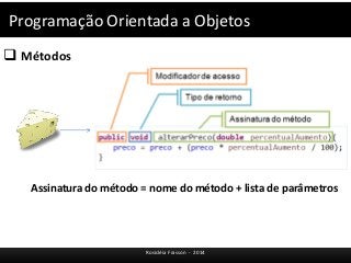 Programação Orientada a Objetos 
 Métodos 
Assinatura do método = nome do método + lista de parâmetros 
Rosicléia Frasson - 2014 
 