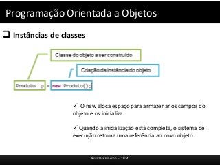 Programação Orientada a Objetos 
 Instâncias de classes 
 O new aloca espaço para armazenar os campos do 
objeto e os inicializa. 
 Quando a inicialização está completa, o sistema de 
execução retorna uma referência ao novo objeto. 
Rosicléia Frasson - 2014 
 