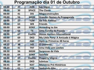 Programação dia 01 de Outubro
08:00    27    AXN      Las Vegas
08:00    30   SPACE     The Closer
08:00    41     DIS     Megaconstruções
08:00    56   MGM       Grandes Nomes da Propaganda
08:00    57    TCM      Os Três Patetas
08:00    63    WB       Friends
08:00    64   SONY      According to Jim
08:00    66     FX      Uma Família da Pesada
08:00    67   Foxlife   House Hunters International
08:00    69    DKD      My Little Pony: A Amizade é Mágica
08:15    27    A&E      Após as Primeiras 48 horas
08:15    38     DIS     O Universo
08:20    31    TNT      Uma Vida sem Limites
08:30    56   MGM       Surpresas da Vida
08:30    64   SONY      Seinfeld
08:30    67   Foxlife   Property Virgins
08:30    69    DKD      Icônicos
08:45    39    NAT      Monstros Pré-Históricos
08:45    61    FOX      Sonhando Alto
 