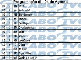 Programação dia 04 de Agosto
18:00   27    AXN      The Firm
18:00   30   Space     Malditas Aranhas!
18:00   37    A&E      Billy, O Exterminador
18:00   39    NAT      NatGeo Wild
18:00   41    DIS      Casal Selvagem
18:00   62    STU      O Guardião de Memórias
18:00   67   Foxlife   Especial
18:00   70    CAR      Votatoon
18:15   56    MGM      Leões e Cordeiros
18:30   66     FX      O Matador
18:30   67   Foxlife   Ace Of Cakes
18:45   39    NAT      Enigmas da Históra
18:55   67   Foxlife   Queer Eye for the Straight Guy
 