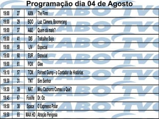 Programação dia 04 de Agosto
19:00   27     AXN     The Firm
19:00   29    BOO      Luz, Câmera, Boomerang
19:00   37     A&E     Quem dá mais?
19:00   41     DIS     Trabalho Sujo
19:00   59     LIV     Especial
19:00   60     EUR     Especial
19:00   61     FOX     Glee
19:10   57     TCM     Forrest Gump - o Contador de Histórias
19:30   31     TNT     Sim Senhor
19:30   39     NAT     Meu Cachorro Comeu o Que?
19:45   67   Foxlife   Dr. Oz
19:50   30    Space    O Expresso Polar
19:50   65   MAX HD    Atração Perigosa
 