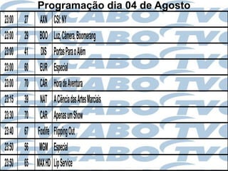 Programação dia 04 de Agosto
23:00   27 AXN CSI: NY
23:00   29 BOO Luz, Câmera, Boomerang
23:00   41 DIS Portas Para o Além
23:00   60 EUR Especial
23:00   70 CAR Hora de Aventura
23:15   39 NAT A Ciência das Artes Marciais
23:30   70 CAR Apenas um Show
23:40   67 Foxlife Flipping Out
23:50   56 MGM Especial
23:50   65 MAX HD Lip Service
 