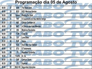 Programação dia 05 de Agosto
06:00   27     AXN     The Dead Zone
06:00   29    BOO      H2O: Meninas-Sereias
06:00   30    Space    Waking the Dead
06:00   31     TNT     O Casamento do meu Melhor Amigo
06:00   37     A&E     Cidade Confidencial
06:00   39     NAT     A Ciência das Artes Marciais
06:00   41     DIS     Mistérios Revelados
06:00   57     TCM     Casal 20
06:00   59     LIV     Love Bites
06:00   60     EUR     Vegas
06:00   61     FOX     How I Met Your Mother
06:00   62     STU     O Testamento
06:00   66      FX     Napoleon Dynamite
06:00   67   Foxlife   Dr. Oz
06:00   70     CAR     Cartoon Zaum
06:30   66      FX     Especial
06:40   65   MAX HD    Segundas Intenções
 