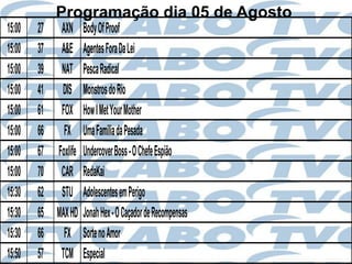 Programação dia 05 de Agosto
15:00   27 AXN       Body Of Proof
15:00   37 A&E       Agentes Fora Da Lei
15:00   39 NAT       Pesca Radical
15:00   41 DIS       Monstros do Rio
15:00   61 FOX       How I Met Your Mother
15:00   66 FX        Uma Família da Pesada
15:00   67 Foxlife   Undercover Boss - O Chefe Espião
15:00   70 CAR       RedaKai
15:30   62 STU       Adolescentes em Perigo
15:30   65 MAX HD    Jonah Hex - O Caçador de Recompensas
15:30   66 FX        Sorte no Amor
15:50   57 TCM       Especial
 
