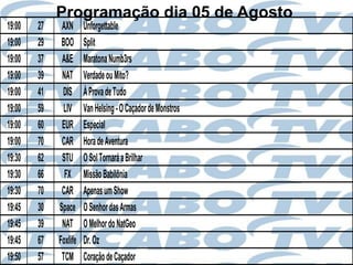 Programação dia 05 de Agosto
19:00   27    AXN      Unforgettable
19:00   29    BOO      Split
19:00   37    A&E      Maratona Numb3rs
19:00   39    NAT      Verdade ou Mito?
19:00   41    DIS      À Prova de Tudo
19:00   59     LIV     Van Helsing - O Caçador de Monstros
19:00   60    EUR      Especial
19:00   70    CAR      Hora de Aventura
19:30   62    STU      O Sol Tornará a Brilhar
19:30   66     FX      Missão Babilônia
19:30   70    CAR      Apenas um Show
19:45   30   Space     O Senhor das Armas
19:45   39    NAT      O Melhor do NatGeo
19:45   67   Foxlife   Dr. Oz
19:50   57    TCM      Coração de Caçador
 