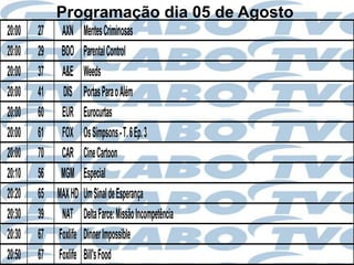 Programação dia 05 de Agosto
20:00   27 AXN       Mentes Criminosas
20:00   29 BOO       Parental Control
20:00   37 A&E       Weeds
20:00   41 DIS       Portas Para o Além
20:00   60 EUR       Eurocurtas
20:00   61 FOX       Os Simpsons - T. 6 Ep. 3
20:00   70 CAR       Cine Cartoon
20:10   56 MGM       Especial
20:20   65 MAX HD    Um Sinal de Esperança
20:30   39 NAT       Delta Farce: Missão Incompetência
20:30   67 Foxlife   Dinner Impossible
20:50   67 Foxlife   Bill's Food
 
