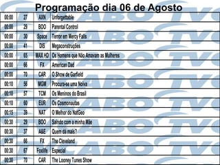 Programação dia 06 de Agosto
00:00   27     AXN     Unforgettable
00:00   29    BOO      Parental Control
00:00   30    Space    Terror em Mercy Falls
00:00   41     DIS     Megaconstruções
00:00   65   MAX HD    Os Homens que Não Amavam as Mulheres
00:00   66      FX     American Dad
00:00   70     CAR     O Show de Garfield
00:10   56    MGM      Procura-se uma Noiva
00:10   57     TCM     Os Meninos do Brasil
00:10   60     EUR     Os Cosmonautas
00:15   39     NAT     O Melhor do NatGeo
00:30   29    BOO      Saindo com a minha Mãe
00:30   37     A&E     Quem dá mais?
00:30   66      FX     The Cleveland
00:30   67   Foxlife   Especial
00:30   70     CAR     The Looney Tunes Show
 