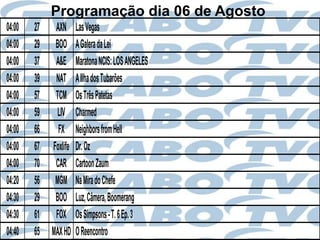 Programação dia 06 de Agosto
04:00   27    AXN      Las Vegas
04:00   29    BOO      A Galera da Lei
04:00   37    A&E      Maratona NCIS: LOS ANGELES
04:00   39    NAT      A Ilha dos Tubarões
04:00   57    TCM      Os Três Patetas
04:00   59     LIV     Charmed
04:00   66     FX      Neighbors from Hell
04:00   67   Foxlife   Dr. Oz
04:00   70    CAR      Cartoon Zaum
04:20   56    MGM      Na Mira do Chefe
04:30   29    BOO      Luz, Câmera, Boomerang
04:30   61    FOX      Os Simpsons - T. 6 Ep. 3
04:40   65   MAX HD    O Reencontro
 
