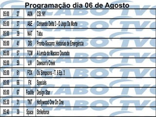 Programação dia 06 de Agosto
05:00   27    AXN CSI: NY
05:00   37    A&E Comando Delta 3 - O Jogo Da Morte
05:00   39    NAT Tabu
05:00   41    DIS Pronto-Socorro: Histórias de Emergência
05:00   57    TCM A Lenda do Macaco Dourado
05:00   59    LIV Dawson's Creek
05:00   61    FOX Os Simpsons - T. 6 Ep. 3
05:00   66     FX Specials
05:00   67   Foxlife Design Star
05:30   31    TNT Hollywood One On One
05:40   30   Space Strikeforce
 