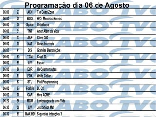 Programação dia 06 de Agosto
06:00   27     AXN     The Dead Zone
06:00   29    BOO      H2O: Meninas-Sereias
06:00   30    Space    Strikeforce
06:00   31     TNT     Amor Além da Vida
06:00   37     A&E     Crime 360
06:00   39     NAT     Obras Incríveis
06:00   41     DIS     Grandes Destruições
06:00   57     TCM     Casal 20
06:00   59     LIV     Frasier
06:00   60     EUR     Os Cosmonautas
06:00   61     FOX     White Collar
06:00   62     STU     Paid Programming
06:00   67   Foxlife   Dr. Oz
06:00   70     CAR     Hora ACME
06:20   56    MGM      Lembranças de uma Vida
06:30   59     LIV     Just Shoot Me!
06:30   65   MAX HD    Segundas Intenções 3
 