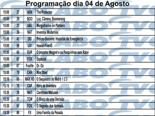 Programação dia 04 de Agosto
15:00   27    AXN      The Protector
15:00   29    BOO      Luz, Câmera, Boomerang
15:00   37    A&E      Mergulhados no Pântano
15:00   39    NAT      Inventos Modernos
15:00   41    DIS      Pronto-Socorro: Histórias de Emergência
15:00   59     LIV     Hawaii-Five-O
15:00   60    EUR      O Inspetor Maigret e os Porquinhos sem Rabo
15:00   61    FOX      Especial
15:00   67   Foxlife   Dr. Oz
15:00   70    CAR      Max Steel
15:10   65   MAX HD    O Sequestro do Metrô 1 2 3
15:15   70    CAR      Hora de Aventura
15:30   39    NAT      Cientistas Malucos
15:30   57    TCM      O Risco de uma Decisão
15:30   61    FOX      O Segredo dos Animais
15:30   66     FX      Uma Família da Pesada
 